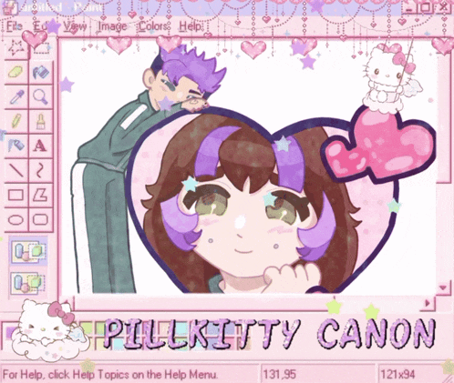 a drawing of a girl with purple hair and a hello kitty on the bottom
