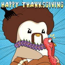 a cartoon of a penguin holding a turkey with the words happy thanksgiving written on it