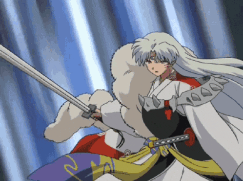 a cartoon character with long white hair is holding a sword in his hand