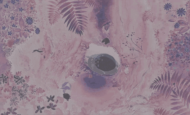 a painting of flowers and leaves with a purple background