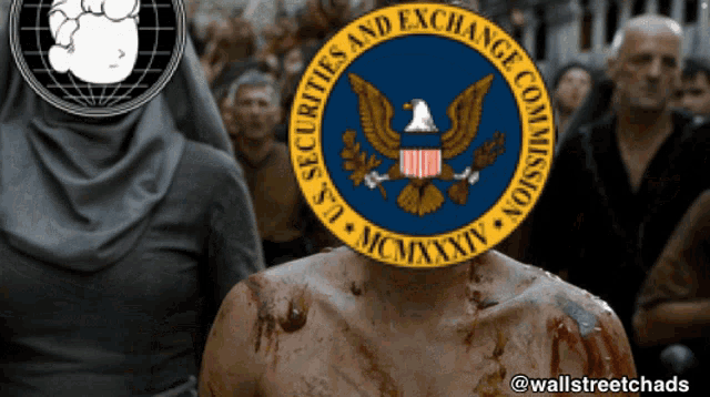 a picture of a man with a us securities and exchange commission logo on his face