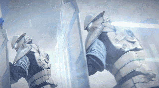 two soldiers in armor are standing next to each other and one of them has a green light coming out of his head