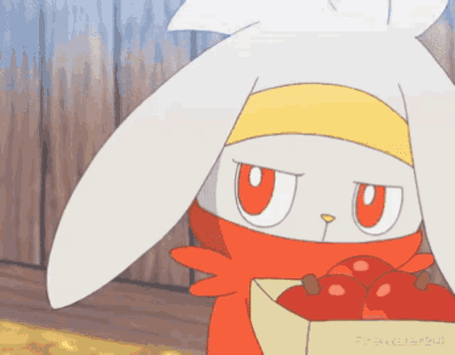 a cartoon rabbit is holding a box of apples and looking at the camera