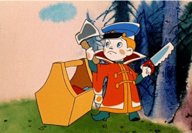 a cartoon character is holding an axe and a saw next to a box .