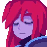 a pixel art of a person with red hair and purple eyes