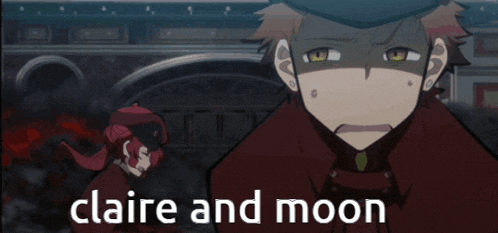 a man and a girl are standing next to each other and the words claire and moon are visible