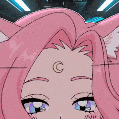 a drawing of a girl with pink hair has a crescent moon on her forehead