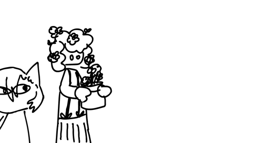 a black and white drawing of a person holding a bouquet of flowers in their hands .