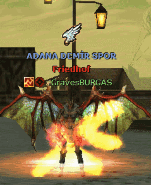 a video game screen shows a monster with wings and the name adana demir spor