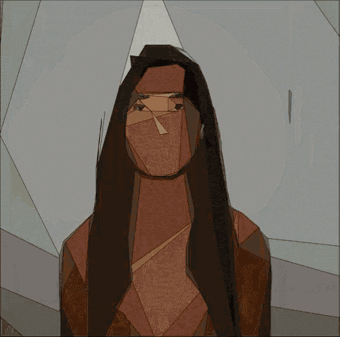 a drawing of a woman with long hair has a skull on her chest