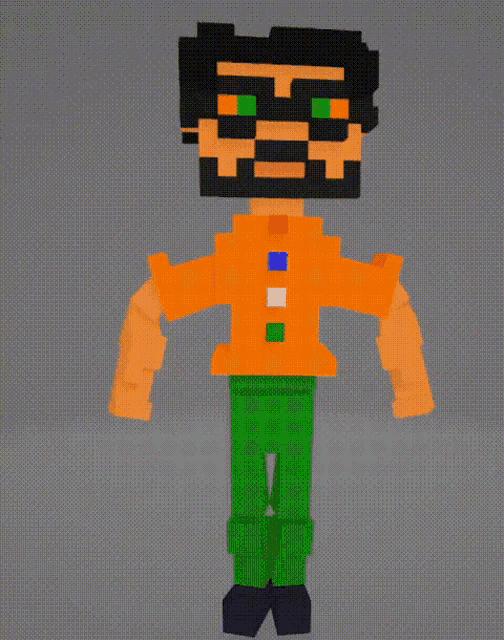 a pixel art of a man with a beard and green eyes
