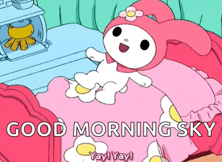 a cartoon of a bunny laying on a bed with the words good morning sky