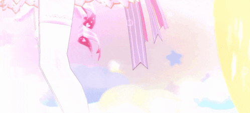 two anime girls are standing next to each other with their eyes closed on a pink background