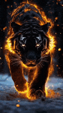 a black tiger is surrounded by flames and looks like it is on fire