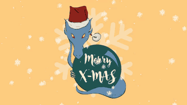 a dragon wearing a santa hat is holding a merry x-mas sign