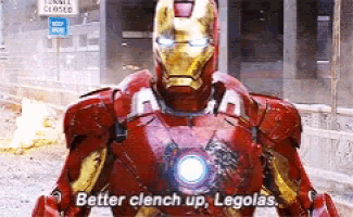 a man in a red iron man suit says better clinch up legolas