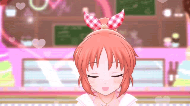 a girl with red hair and a bow in her hair