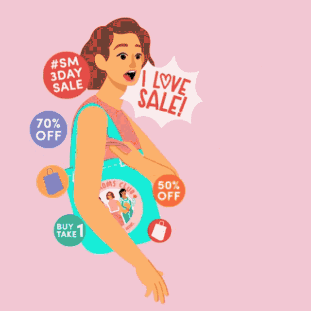 an illustration of a woman holding a stack of money and a sign that says i love sale