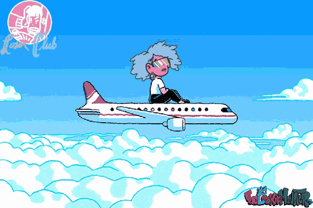 a cartoon drawing of a girl sitting on an airplane with the words funk club on the bottom