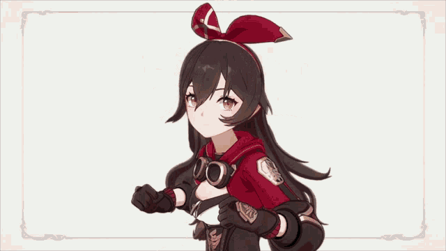 a girl in a red jacket and black gloves has her hands up in the air