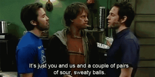 three men are standing next to each other and one of them is saying it 's just you and us and a couple of pairs