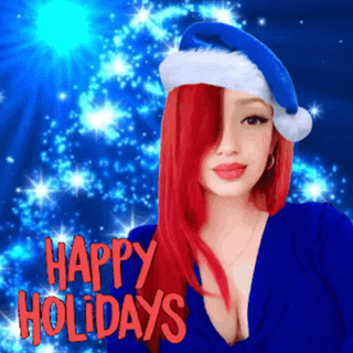 a woman with red hair is wearing a santa hat and the words happy holidays are above her