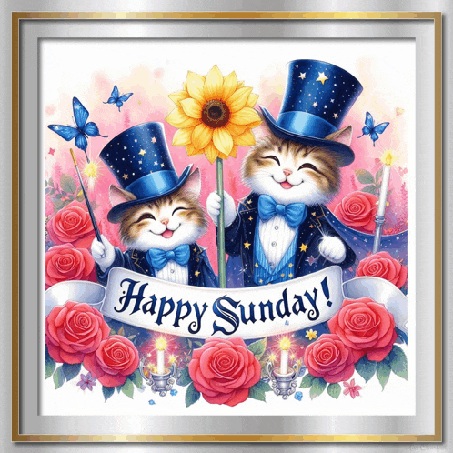 a picture of two cats holding a sunflower and a happy sunday banner