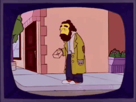 a cartoon of a man with a beard standing on a sidewalk holding a box .