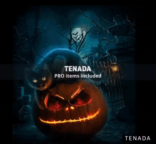 a black cat is sitting on top of a pumpkin that says tenada pro items included