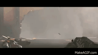 a person is holding a gun in a video game while a bullet is flying in the air .