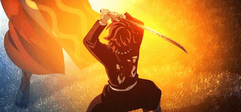 a man is holding a sword in front of a flaming background
