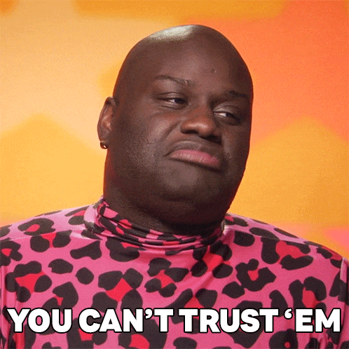 a bald man in a pink and black leopard print shirt says you can 't trust em