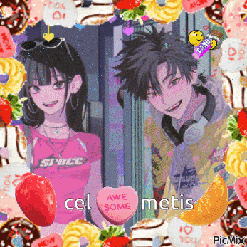 a picture of a boy and a girl with a pink heart that says " cel awe some "