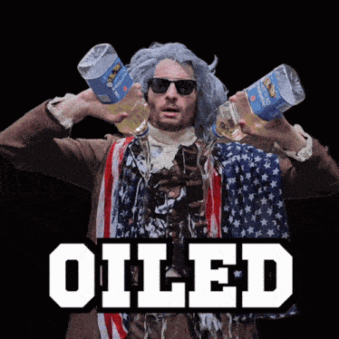 a man in a wig and sunglasses is holding two bottles of beer and the word oiled is on the bottom