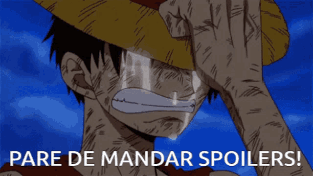 a man in a straw hat is crying with the words pare de mandar spoilers written below him