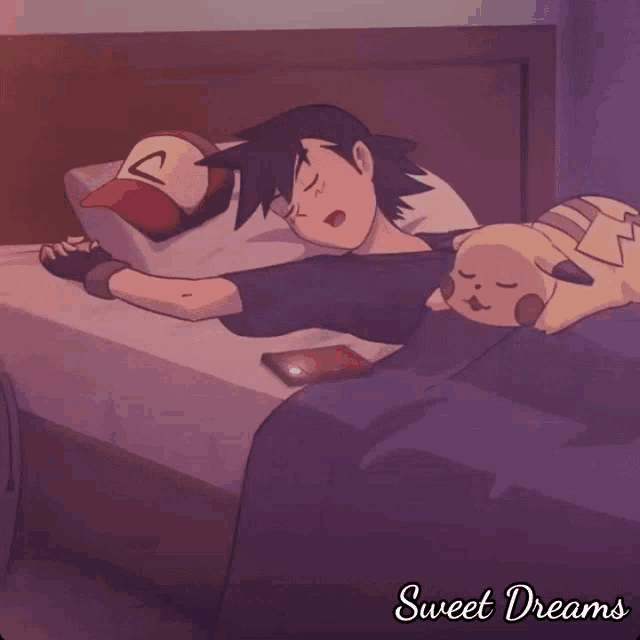 a cartoon of a man sleeping next to a pikachu and the words sweet dreams