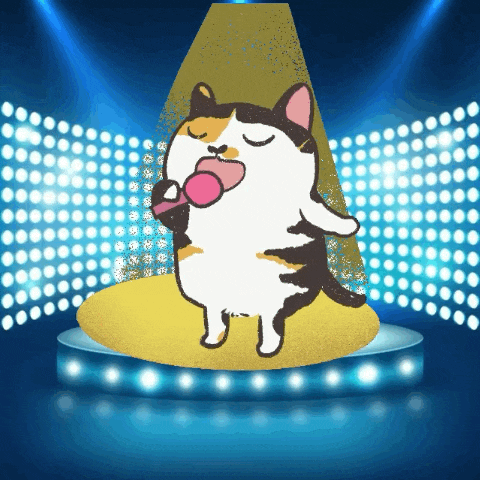 a cartoon cat is singing into a microphone on a stage