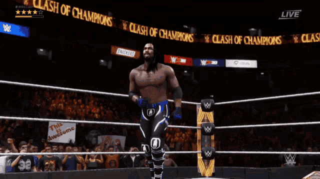 a man in a wrestling ring with a sign that says " the awesome "