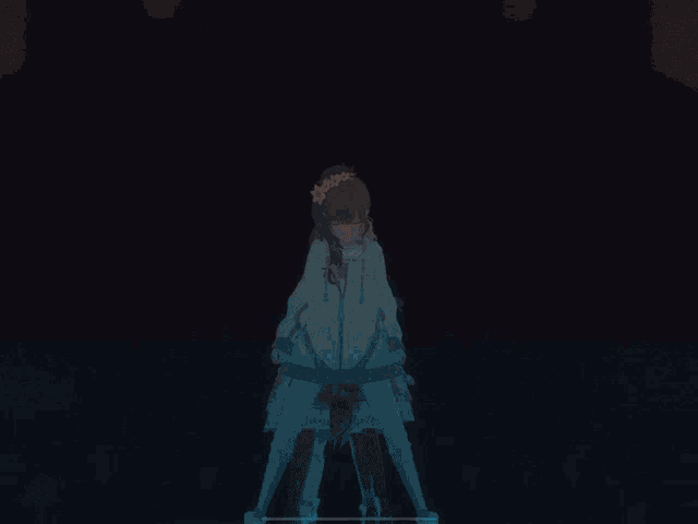 a group of anime girls are standing in a dark room and one of them is wearing a hoodie that says ' a '