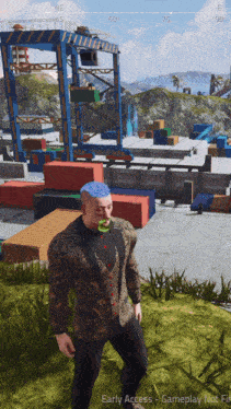 a man in a tuxedo with a green apple in his mouth is playing a video game called early access