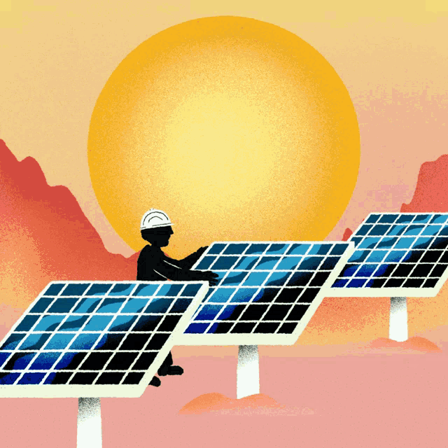 an illustration of a man working on solar panels with the sun behind him