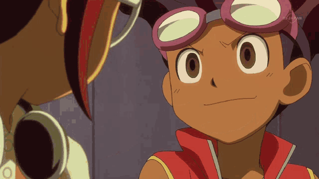 a cartoon of a boy wearing goggles looks at another boy in a green shirt