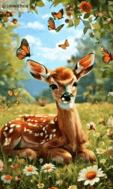 a painting of a baby deer with butterflies flying around it