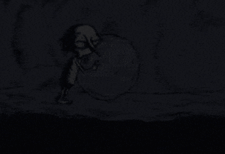 a black and white drawing of a cartoon character in the dark holding a bag .