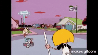 a cartoon of a boy riding a tricycle and a girl holding a broom .