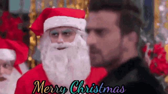 a merry christmas greeting card with santa claus and a man in a black jacket