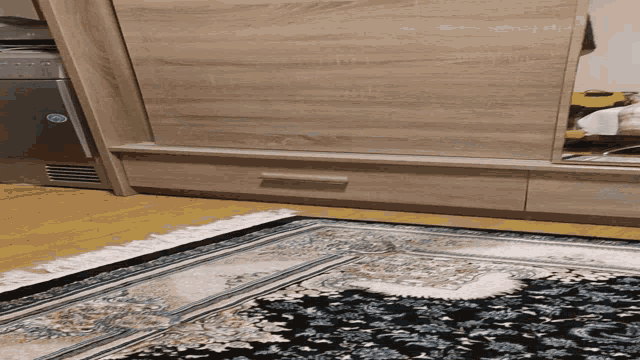 a rug is sitting on the floor next to a cabinet