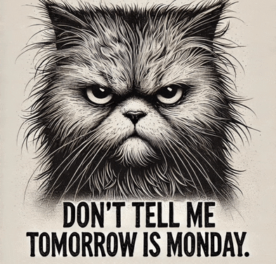 a black and white drawing of an angry cat with the words " do n't tell me tomorrow is monday "