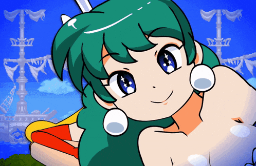 a cartoon of a girl with green hair and blue eyes