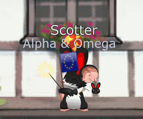 a cartoon of a penguin holding a book with the words scatter alpha & omega